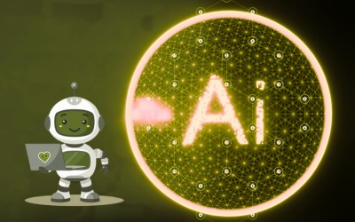 A circle with AI in it and a little robot with a laptop