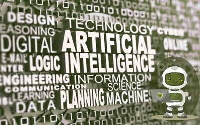 A bunch of words surrounding artificial intelligence, all having to do with it, and a small robot highlighted in the corner