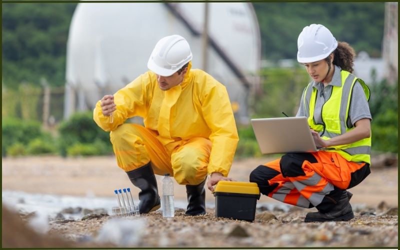 Two scientists in protective gear taking samples