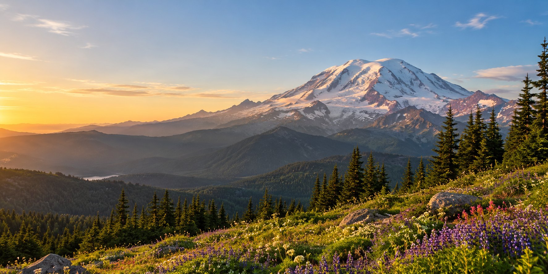 Snow-capped mountain above forested ridges and wildflower meadows at sunrise